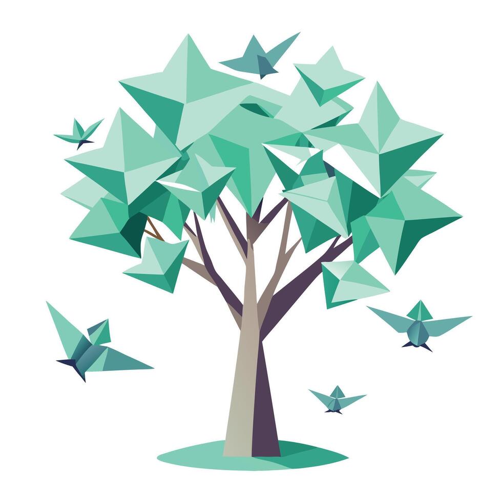 Detailed Illustration of a Flat Tree with a Paper Origami Bird Canopy for a Delicate and Intricate Design vector