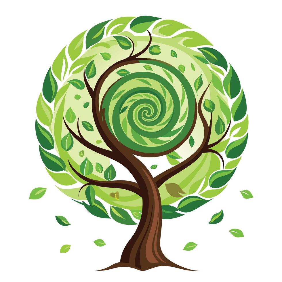 Flat Tree with a Spiral Canopy in a Whimsical Setting and Isolated on a white Background vector