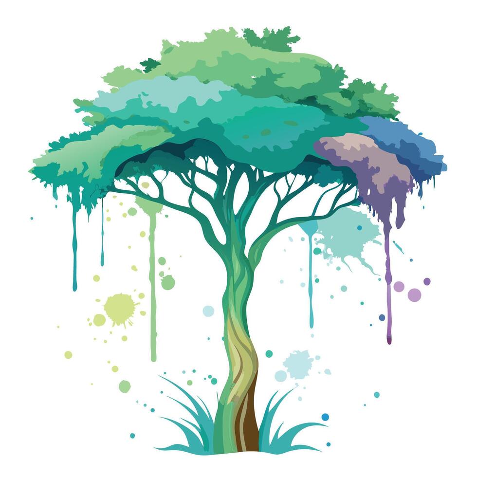 Intricate Flat Tree with a Delicate Watercolor Splash Canopy in a Fantasy Setting vector