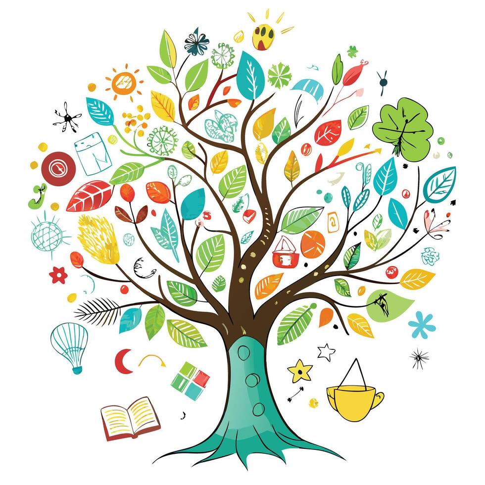 Intricate Flat Tree with Delicate Leaves and Trunk in a Fantasy Setting and Isolated on a white Background vector