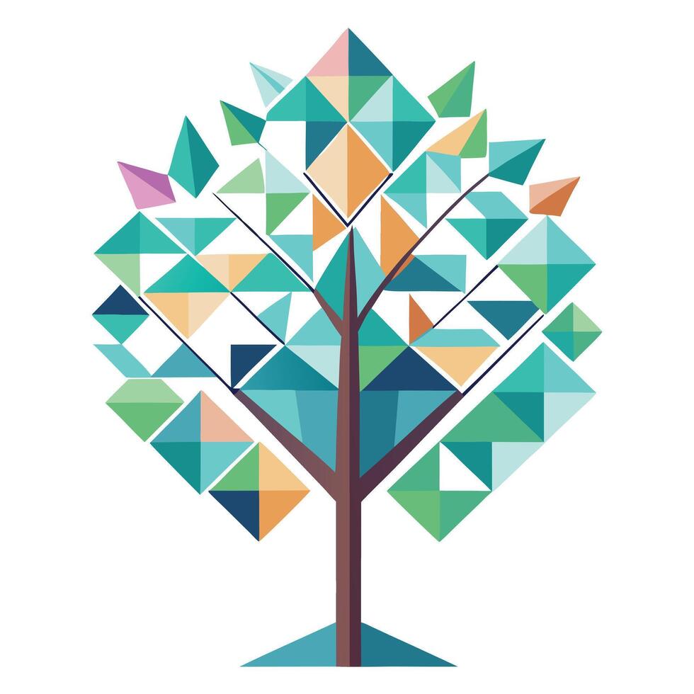 Flat Tree with Abstract Geometric Leaves Create a Flat Style with Purple Flowers and Green Leaves in a Garden Setting vector