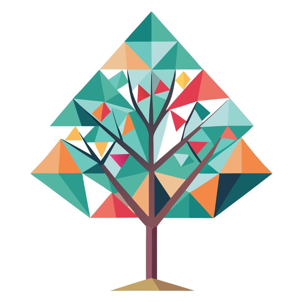 Flat Tree with Abstract Geometric Leaves Create a Flat Style with Red Flowers and Green Leaves in a Garden Setting vector
