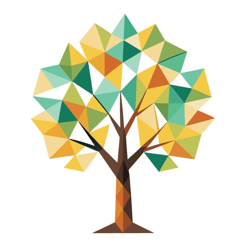 Flat Tree with Abstract Geometric Leaves Create a Flat Style with Blue Flowers and Green Leaves in a Garden Setting vector
