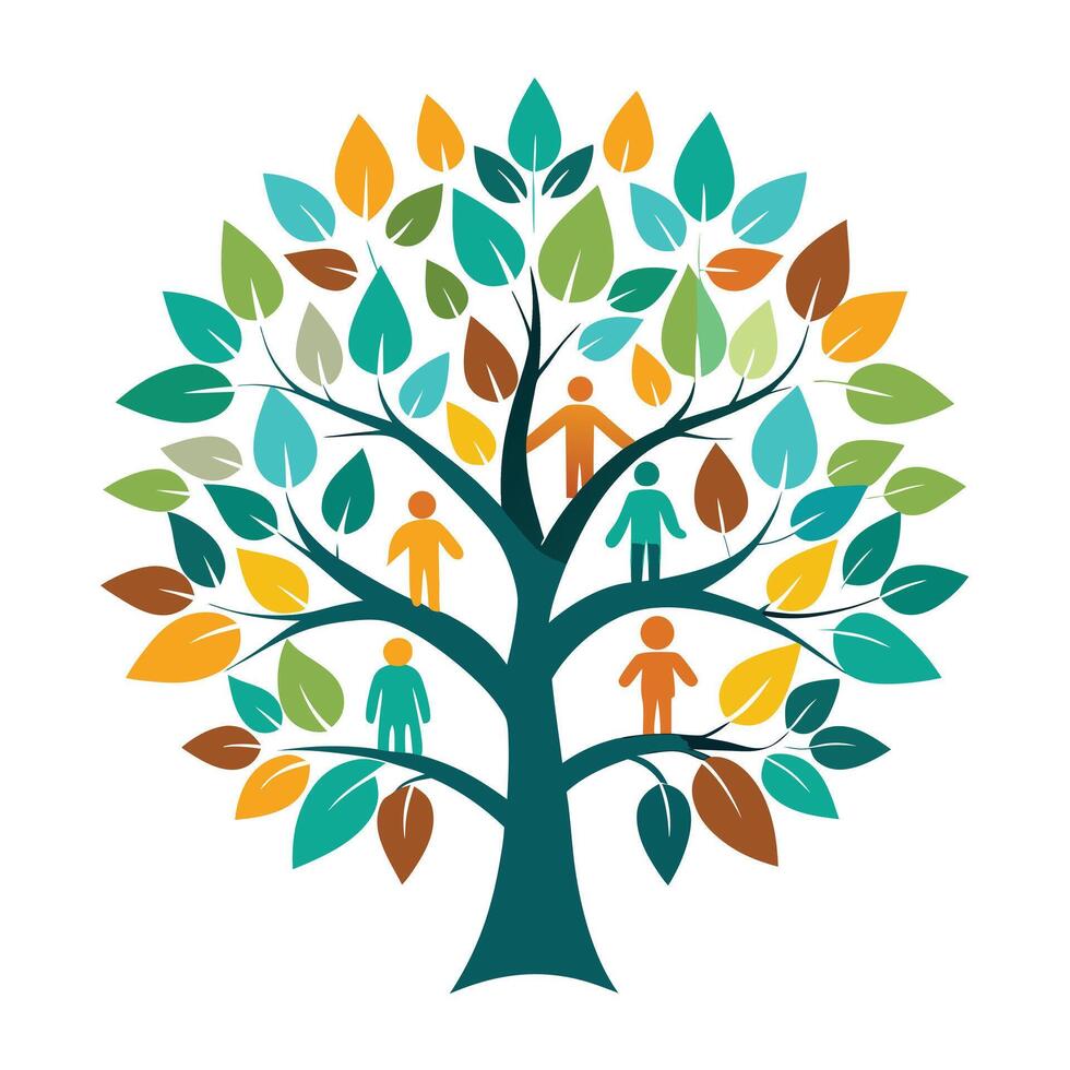 Flat Tree with Abstract Human Silhouettes as Leaves and Purple Flowers and Green Leaves in a Garden Setting vector