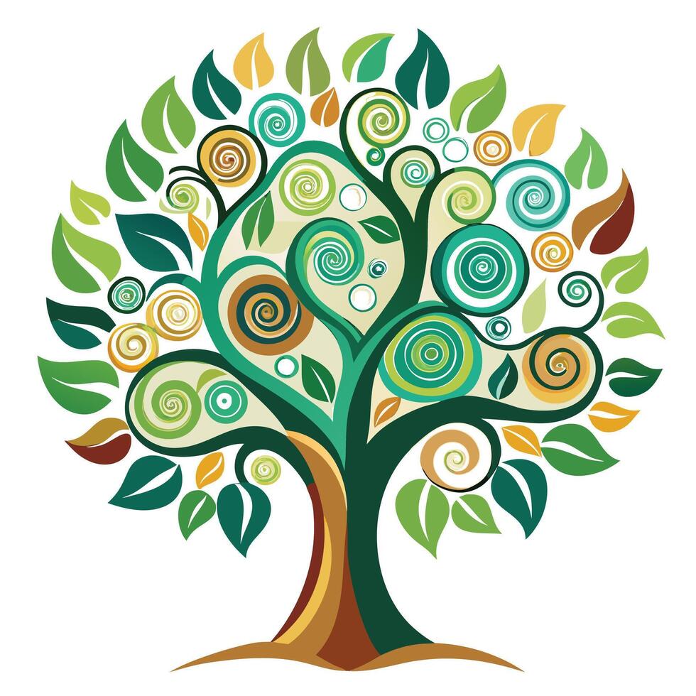 Detailed Illustration of a Flat Tree with Abstract Leaf Patterns Design a Flat Style with White Petals and Long Stems vector