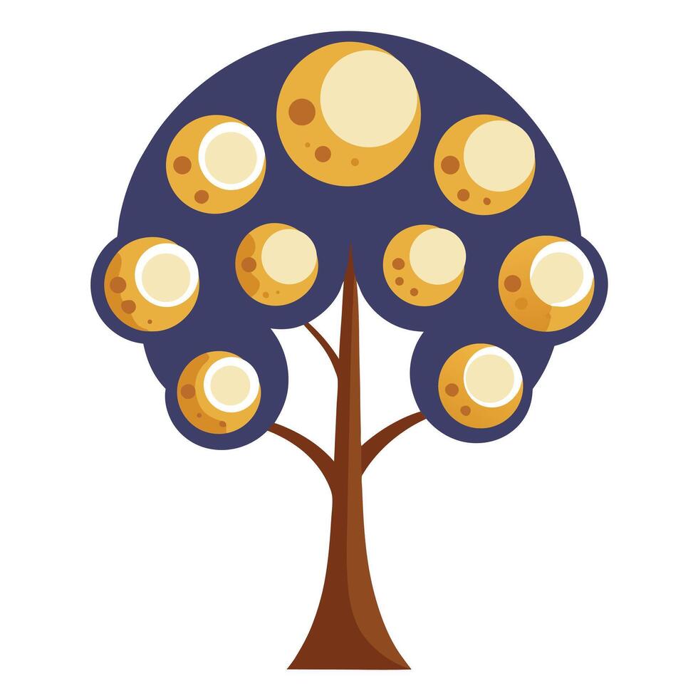 Flat Tree with Abstract Moon Phases Integrated in the Leaves and Purple Flowers and Green Leaves in a Garden Setting vector