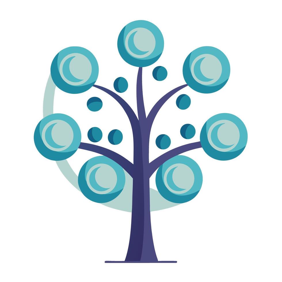 Flat Tree with Abstract Moon Phases Integrated in the Leaves and Pink Flowers and Green Leaves in a Garden Setting vector