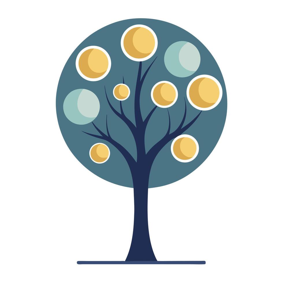 Detailed Illustration of a Flat Tree with Abstract Moon Phases Integrated in the Leaves and White Petals and Long Stems vector