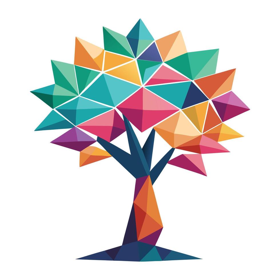 Detailed Illustration of a Flat Tree with Abstract Polygonal Leaves Design a Flat Style with White Petals and Long Stems vector
