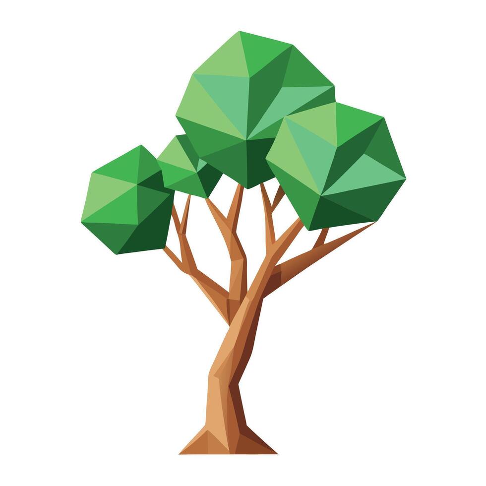 Flat Tree with Abstract Polygonal Leaves Generate a Flat Style with Purple Flowers and Green Leaves in a Garden Setting vector