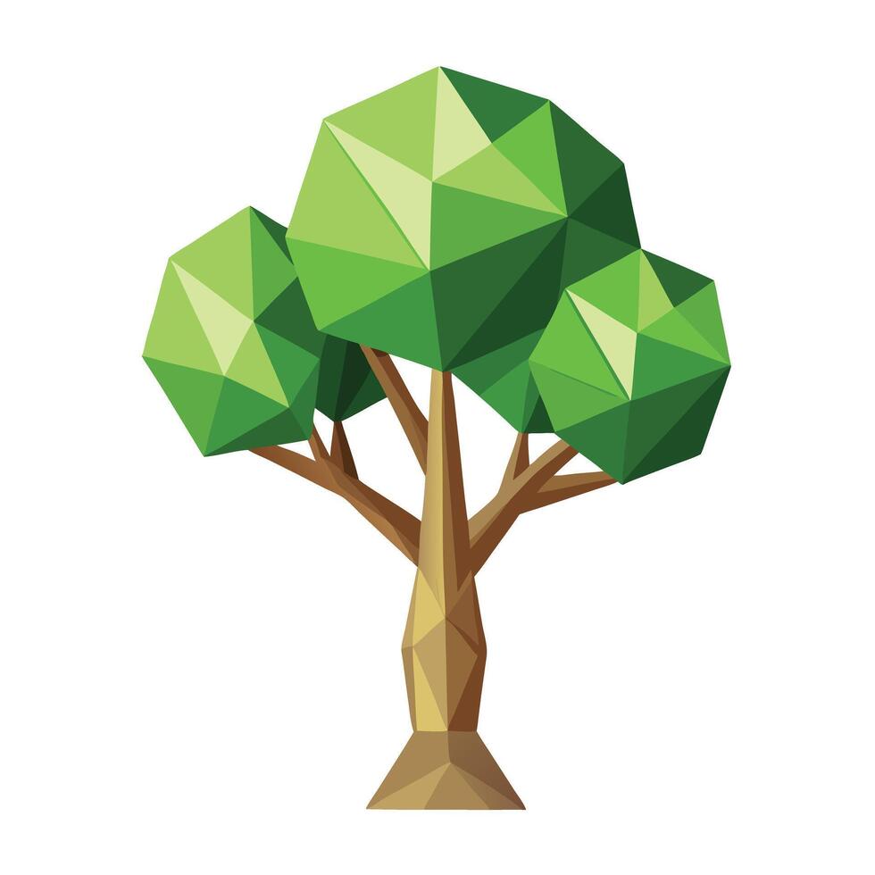 Flat Tree with Abstract Polygonal Trunk and Leaves and Purple Flowers and Green Leaves in a Garden Setting vector