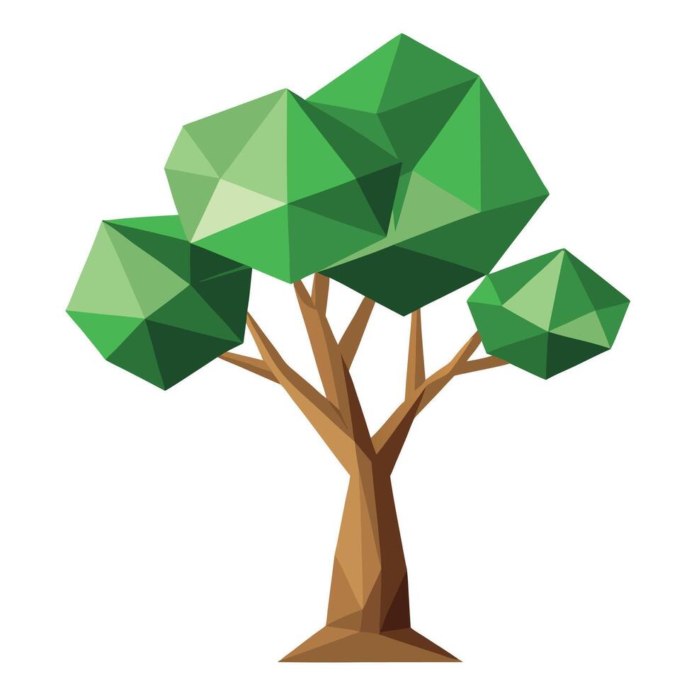 Flat Tree with Abstract Polygonal Trunk and Leaves and Pink Flowers and Green Leaves in a Garden Setting vector