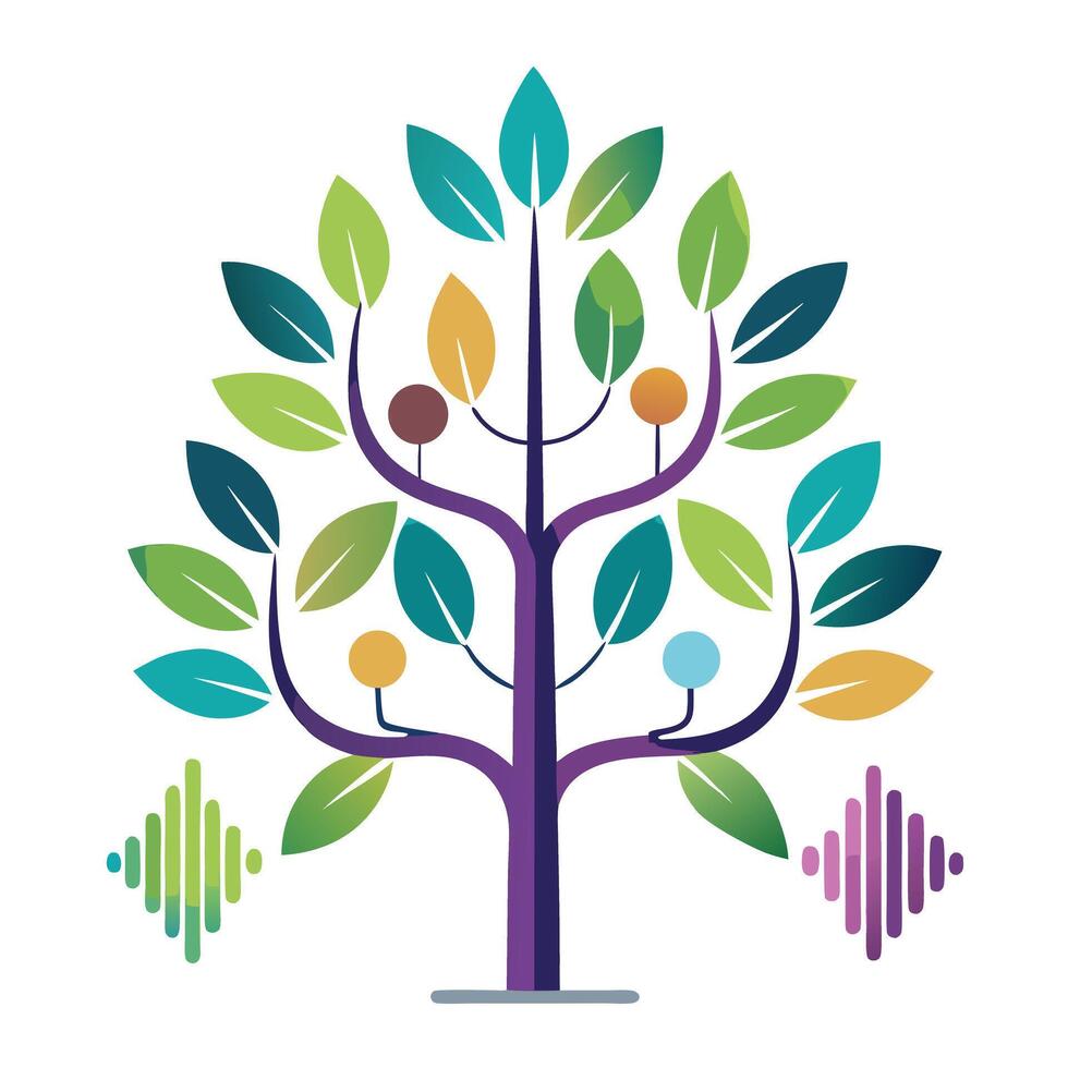 Flat Tree with Abstract Sound Wave Leaves Design a Flat Style with Pink Flowers and Green Leaves in a Garden Setting vector