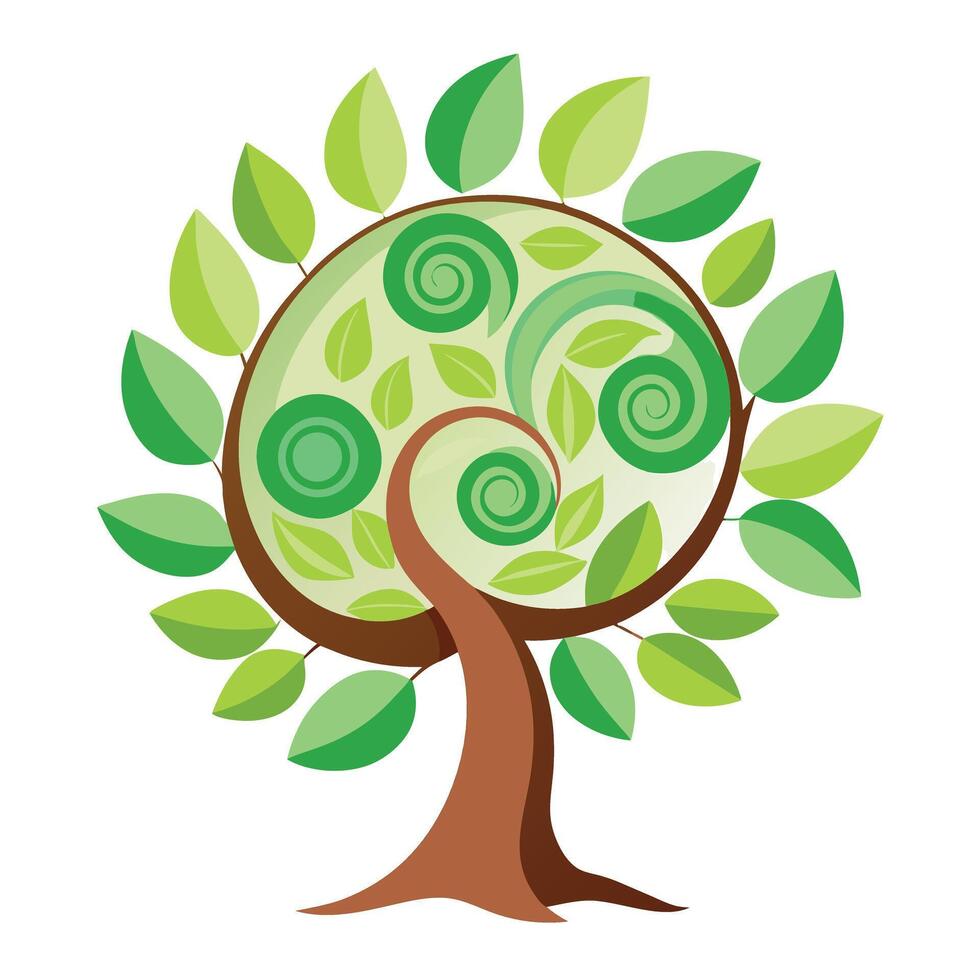 Detailed Illustration of a Flat Tree with Abstract Spiral Leaf Arrangement and White Petals and Long Stems vector