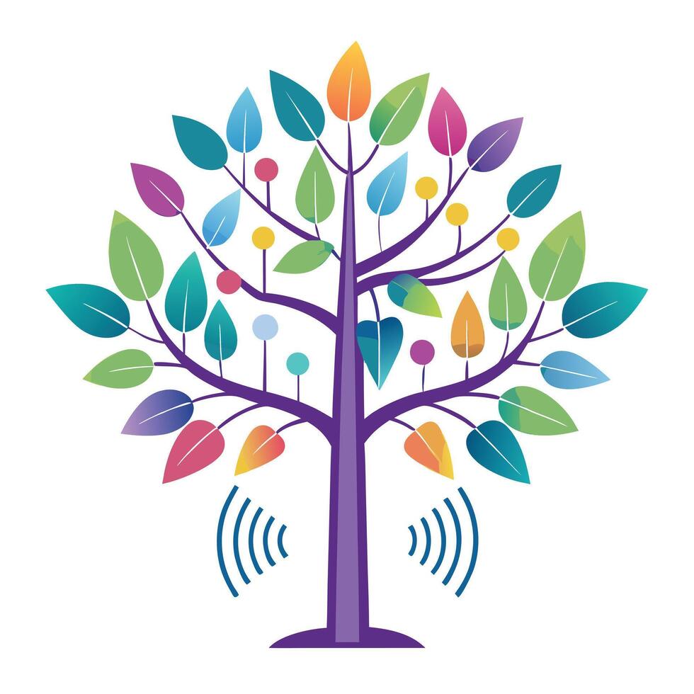 Flat Tree with Abstract Sound Wave Leaves Design a Flat Style with Purple Flowers and Green Leaves in a Garden Setting vector