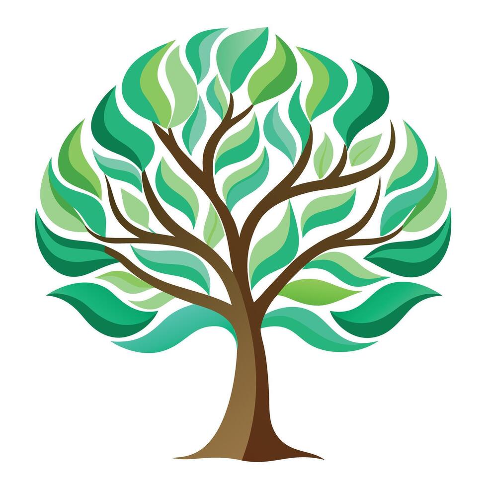 Flat Tree with Abstract Swirls and Wave Patterns and Pink Flowers and Green Leaves in a Garden Setting vector