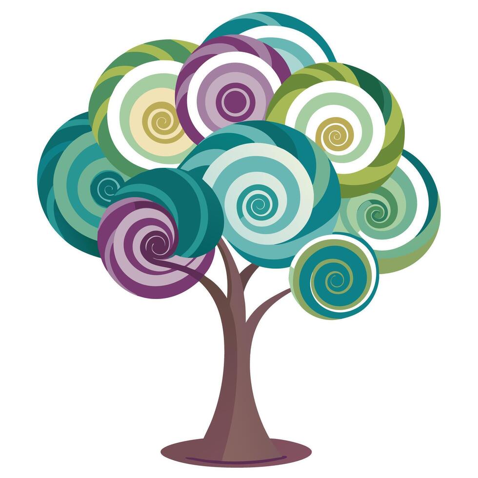 Detailed Illustration of a Flat Tree with Abstract Spirals for Canopy Create a Flat Style with White Petals and Long Stems vector