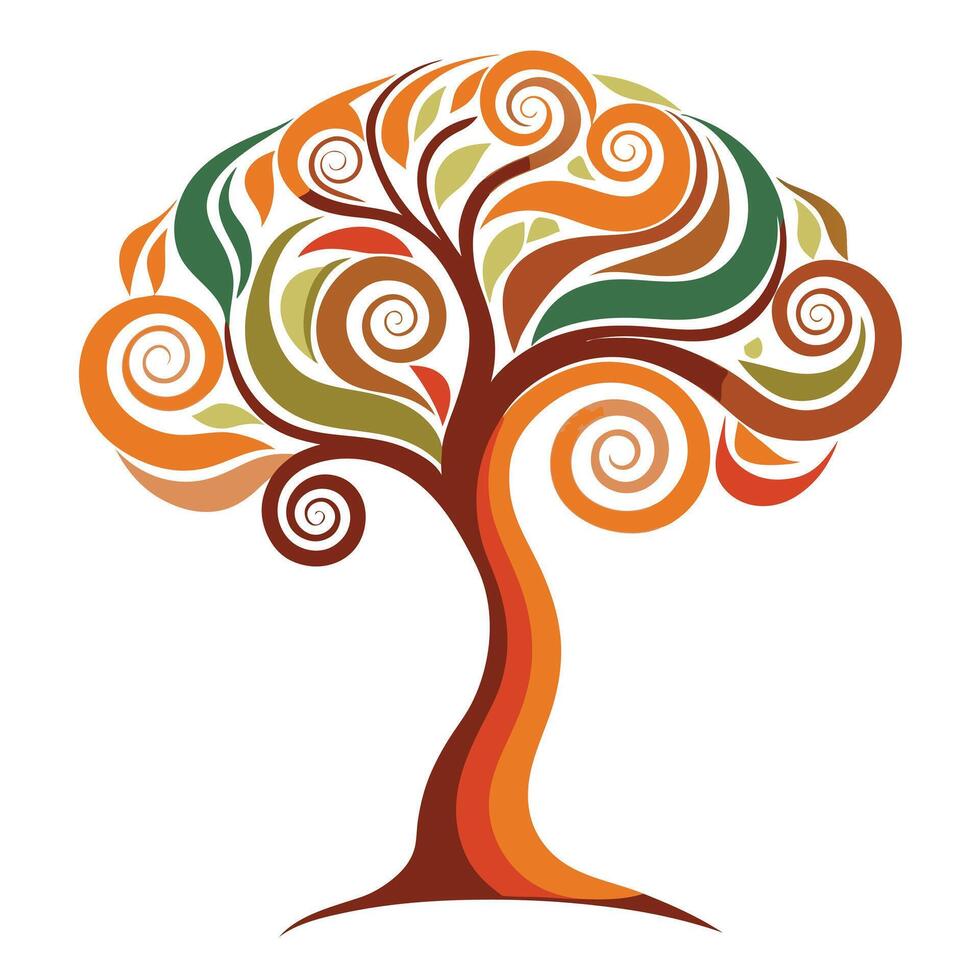 Detailed Illustration of a Flat Tree with Abstract Swirls for the Canopy Generate a Flat Style with White Petals and Long Stems vector