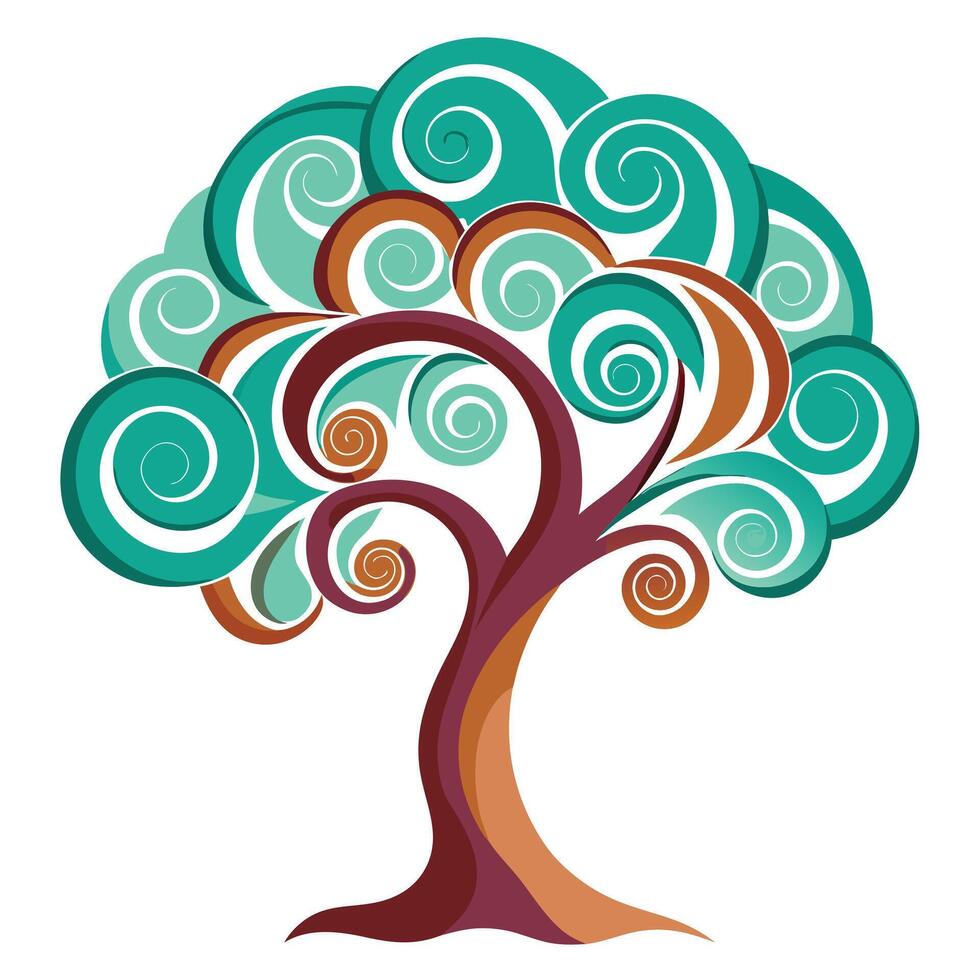 Flat Tree with Abstract Swirls for the Canopy Generate a Flat Style with Purple Flowers and Green Leaves in a Garden Setting vector