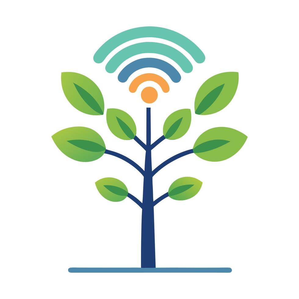 Botanical Flat Tree with Green Abstract Wi-Fi Signal Leaves in a Natural Setting vector