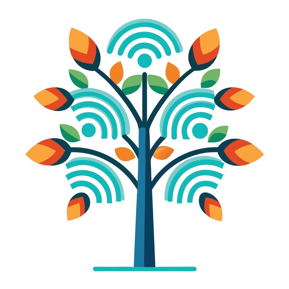Intricate Flat Tree with Delicate Abstract Wi-Fi Signal Leaves in a Fantasy Setting vector
