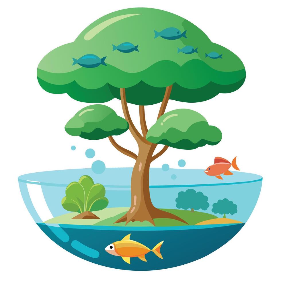 Flat Tree with an Aquarium Canopy Containing Fish for a Unique and Whimsical Design with Purple Flowers and Green Leaves vector