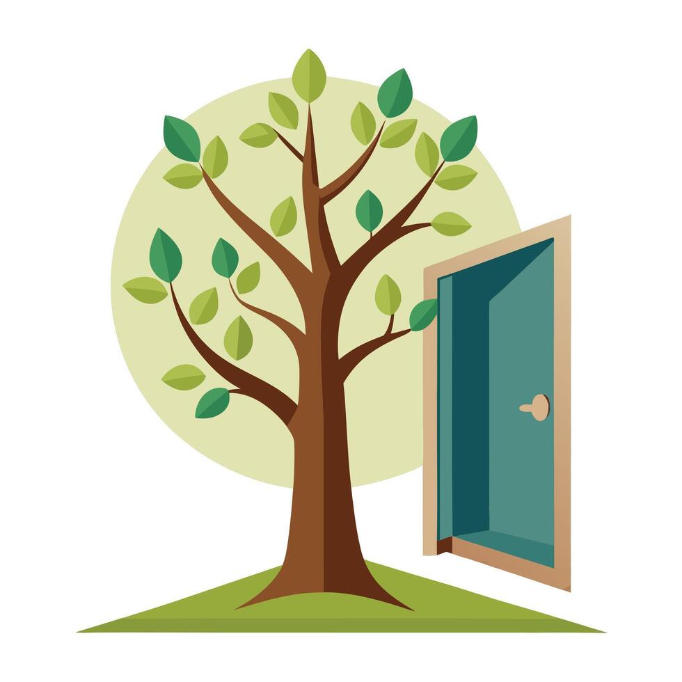 Flat Tree with an Open Door in the Trunk Create a Sense of Mystery and Wonder with Purple Flowers and Green Leaves vector