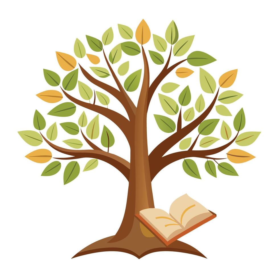 Detailed Illustration of a Flat Tree with Ancient Scroll and Book Leaves Design a Flat Style and Green Leaves vector