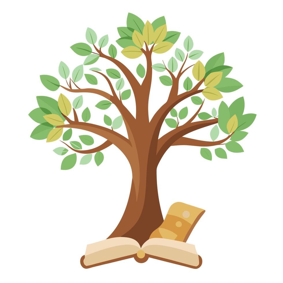 Flat Tree with Ancient Scroll and Book Leaves Design a Flat Style and Green Leaves in a Garden Setting vector