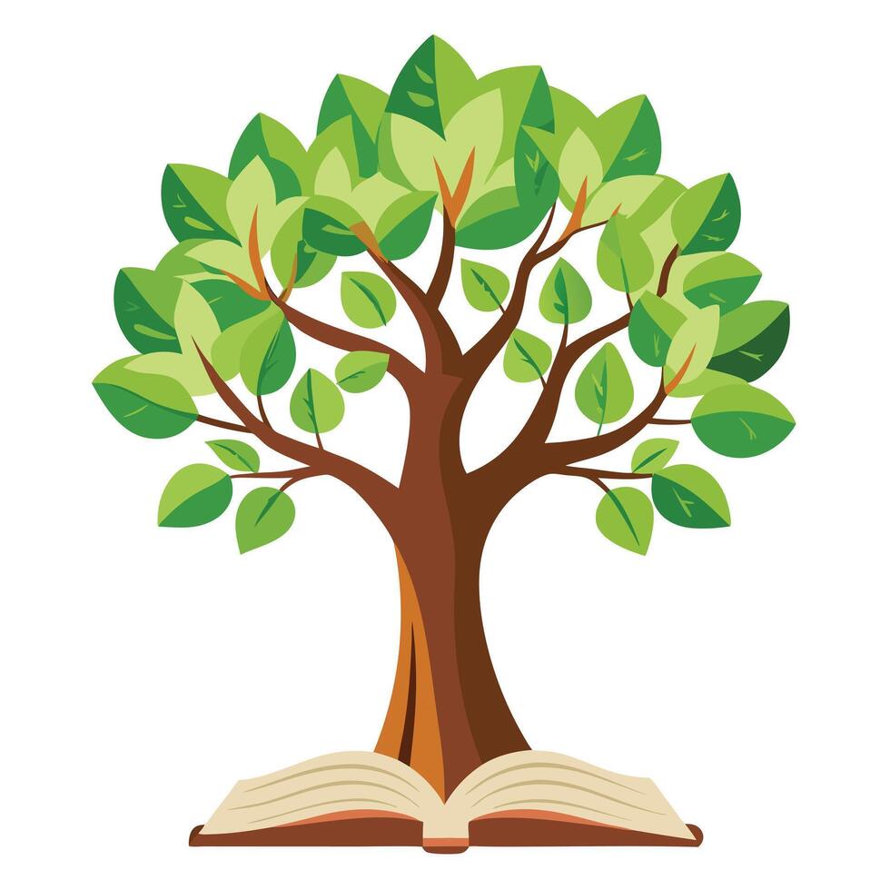 Beautiful Flat Tree with Ancient Scroll and Book Leaves Design a Flat Style and Green Leaves vector