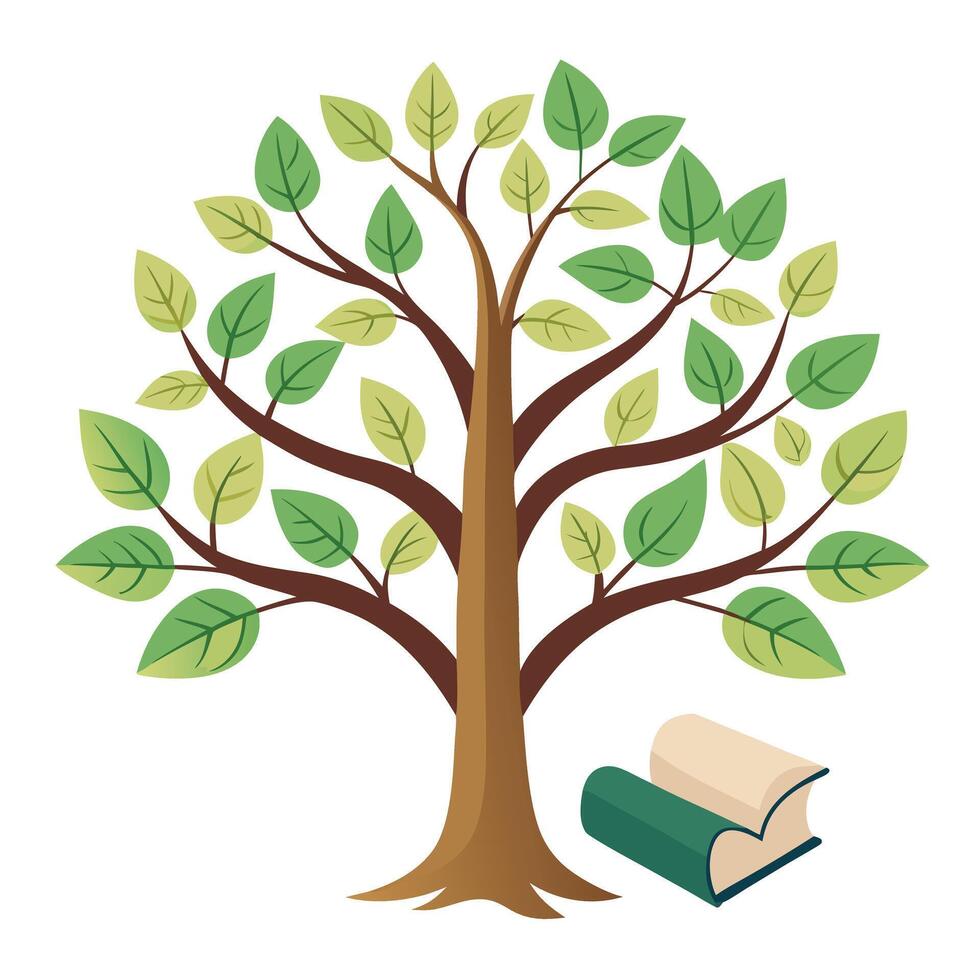 Flat Tree with Ancient Scroll and Book Leaves Design a Flat Style and Green Leaves with Purple Flowers and Green Leaves vector