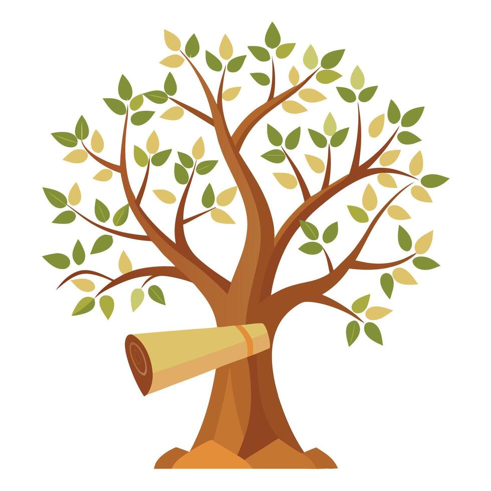 Detailed Illustration of a Flat Tree with Ancient Scrolls as Leaves Design a Flat Style and Green Leaves vector