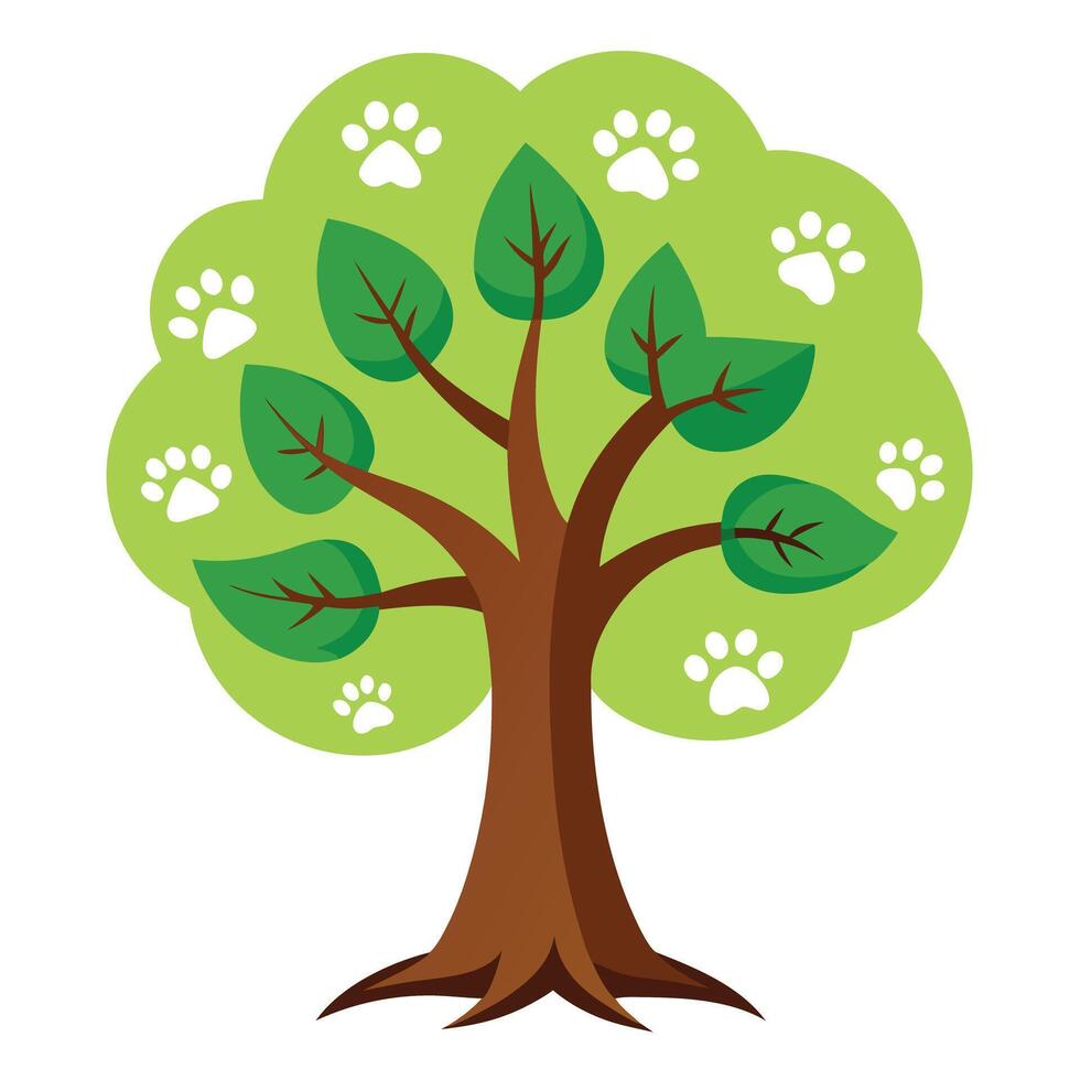 Detailed Illustration of a Flat Tree with Animal Footprints as Leaves Design a Flat Style and Green Leaves vector