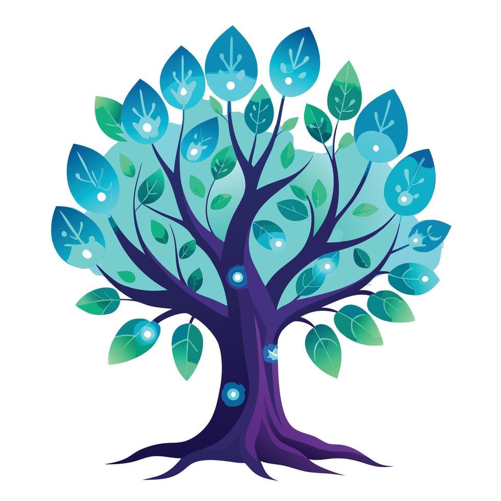 Flat Tree with Bioluminescent Glow Leaves in a Whimsical Setting vector