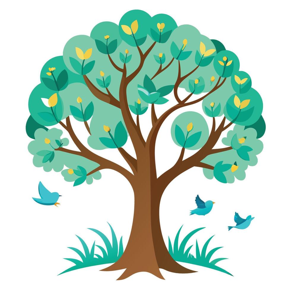 Botanical Flat Tree with Green Birds Forming the Canopy in a Natural Setting vector