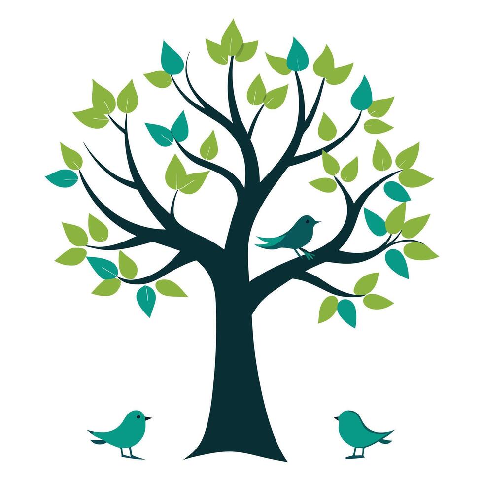 Intricate Flat Tree with Delicate Bird Silhouettes in a Fantasy Setting vector