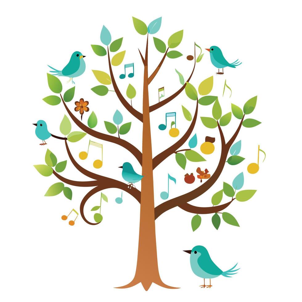 Flat Tree with Birds Sitting on Branches in a Whimsical Setting vector