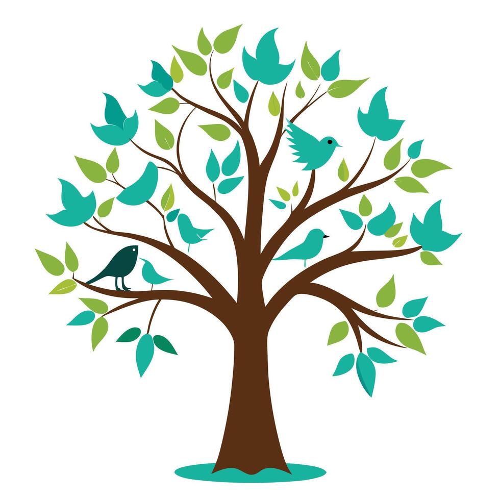 Botanical Flat Tree with Green Bird Silhouettes in a Natural Setting vector