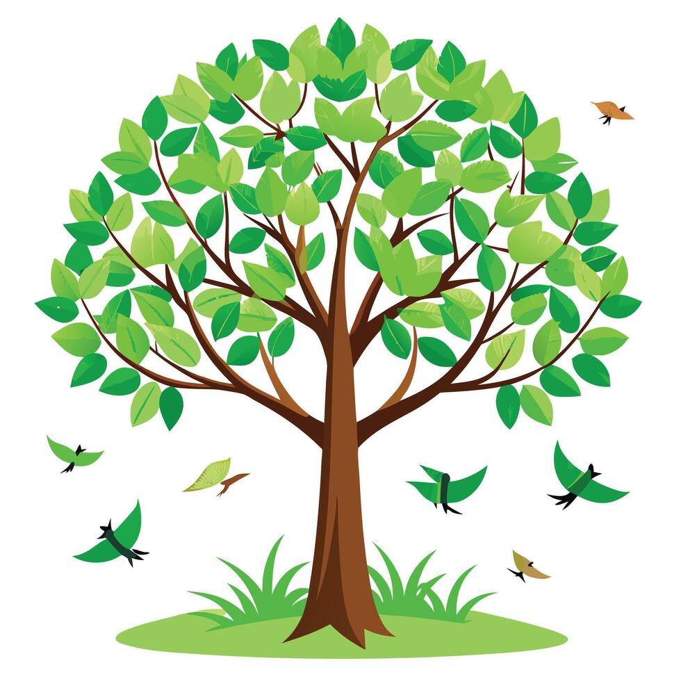 Intricate Flat Tree with Delicate Birds Forming the Canopy in a Fantasy Setting vector