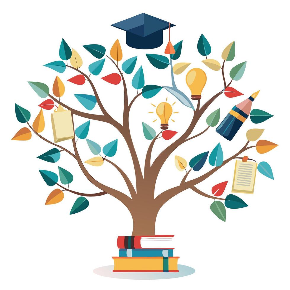 Botanical Flat Tree with Green Book and Knowledge Symbol Leaves in a Natural Setting vector