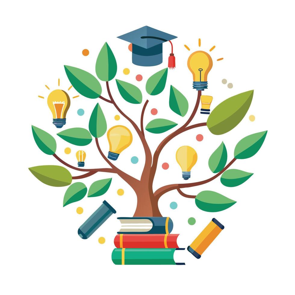 Vibrant Flat Tree with Brightly Colored Book and Knowledge Symbol Leaves in a High-Tech Setting vector