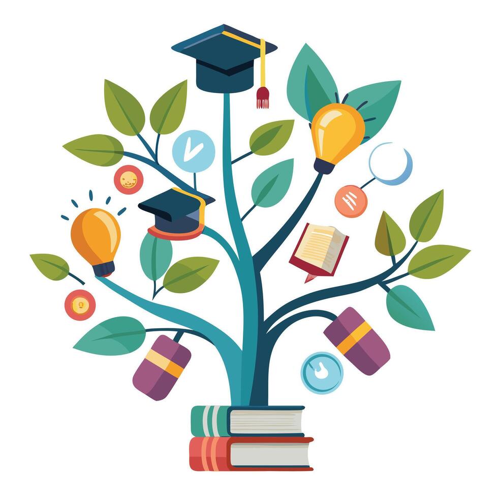 Intricate Flat Tree with Delicate Book and Knowledge Symbol Leaves in a Fantasy Setting vector