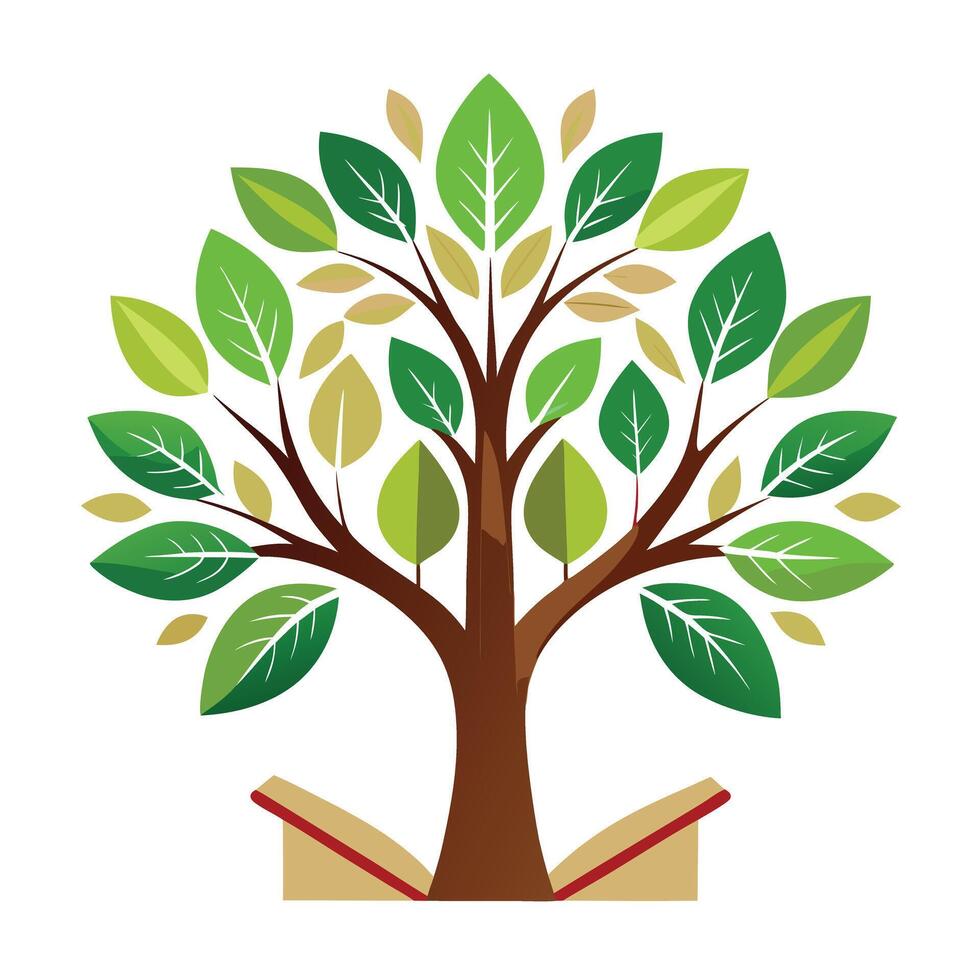 Botanical Flat Tree with Green Book Pages as Leaves in a Natural Setting and Isolated on a white Background vector