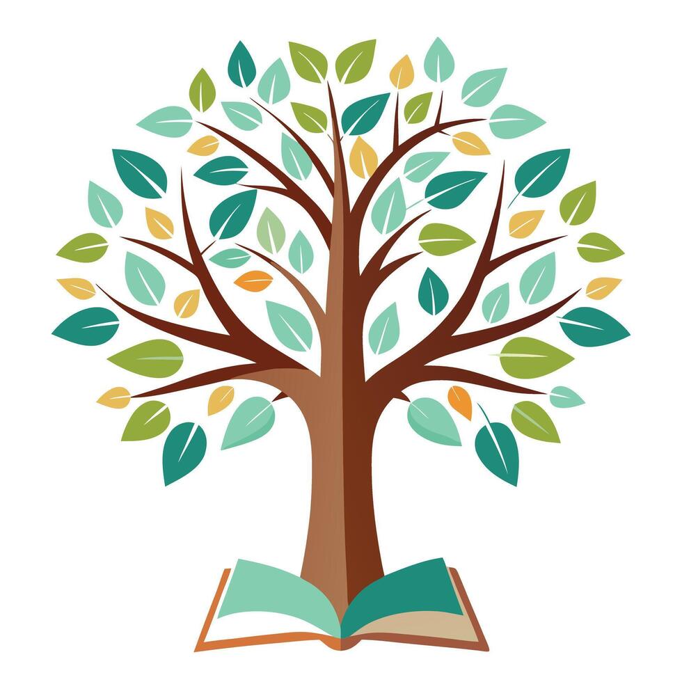 Flat Tree with Book Pages as Leaves in a Whimsical Setting vector