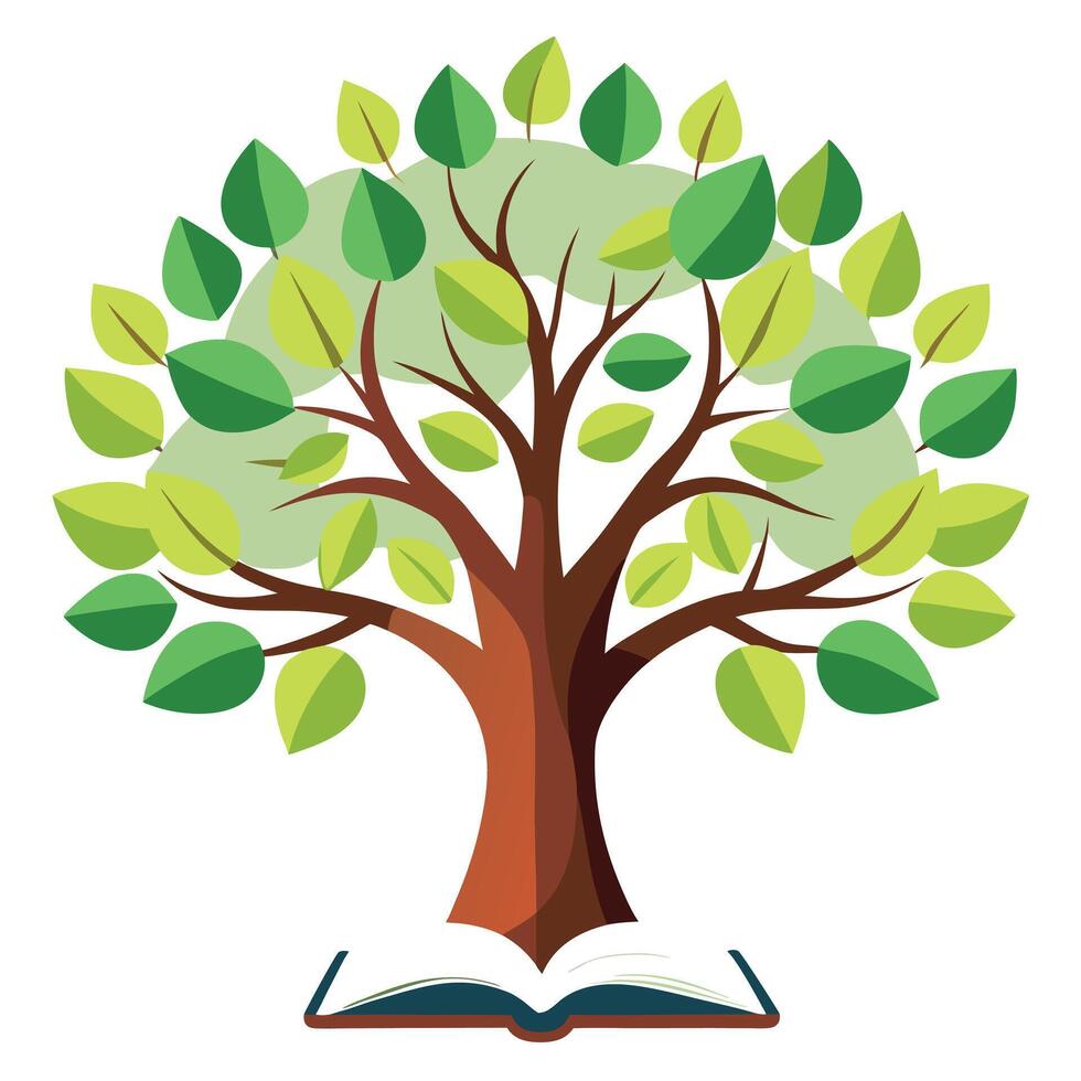 Flat Tree with Book Pages as Leaves in a Whimsical Setting and Isolated on a white Background vector