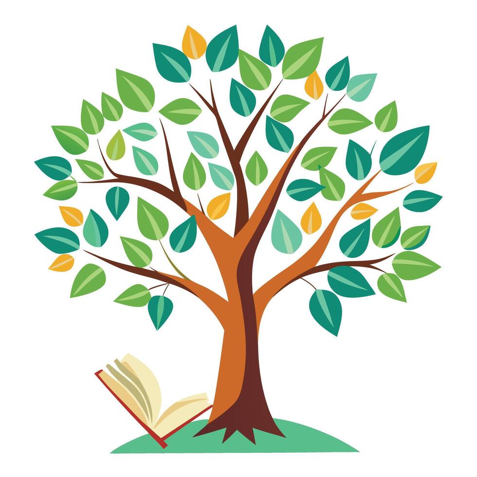 Abstract Flat Tree with Colorful Books as Leaves in a Whimsical Setting vector