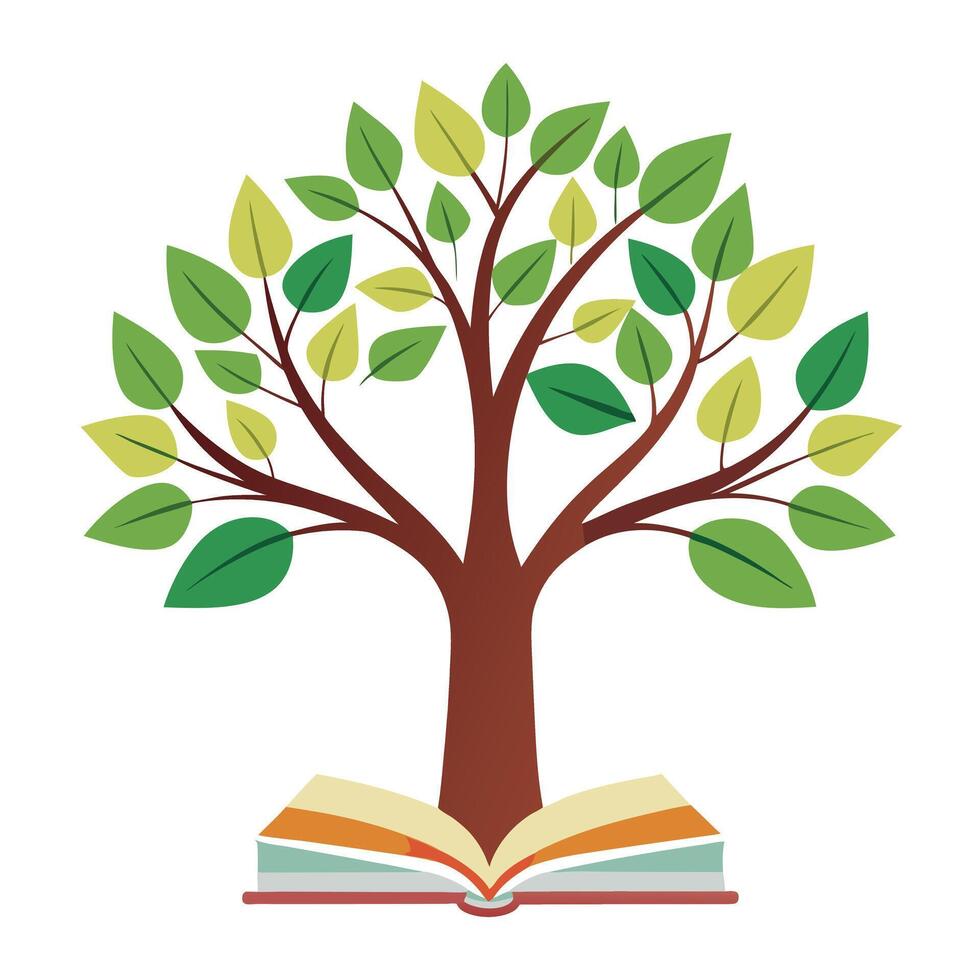 Botanical Flat Tree with Green Books as Leaves in a Natural Setting and Isolated on a white Background vector