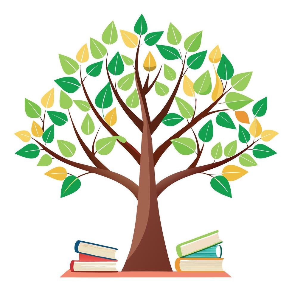 Vibrant Flat Tree with Brightly Colored Books as Leaves in a High-Tech Setting vector