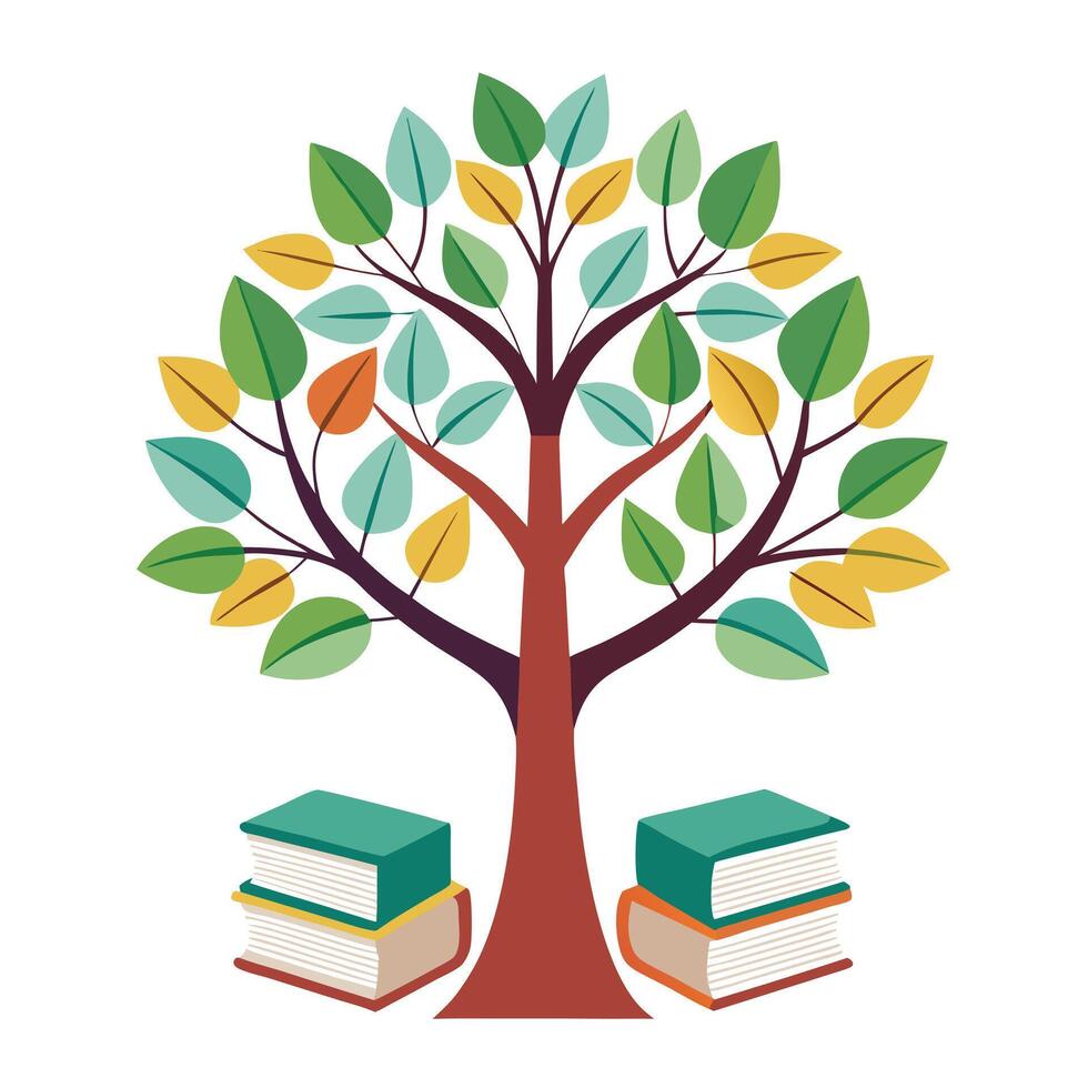 Flat Tree with Books as Leaves in a Whimsical Setting and Isolated on a white Background vector