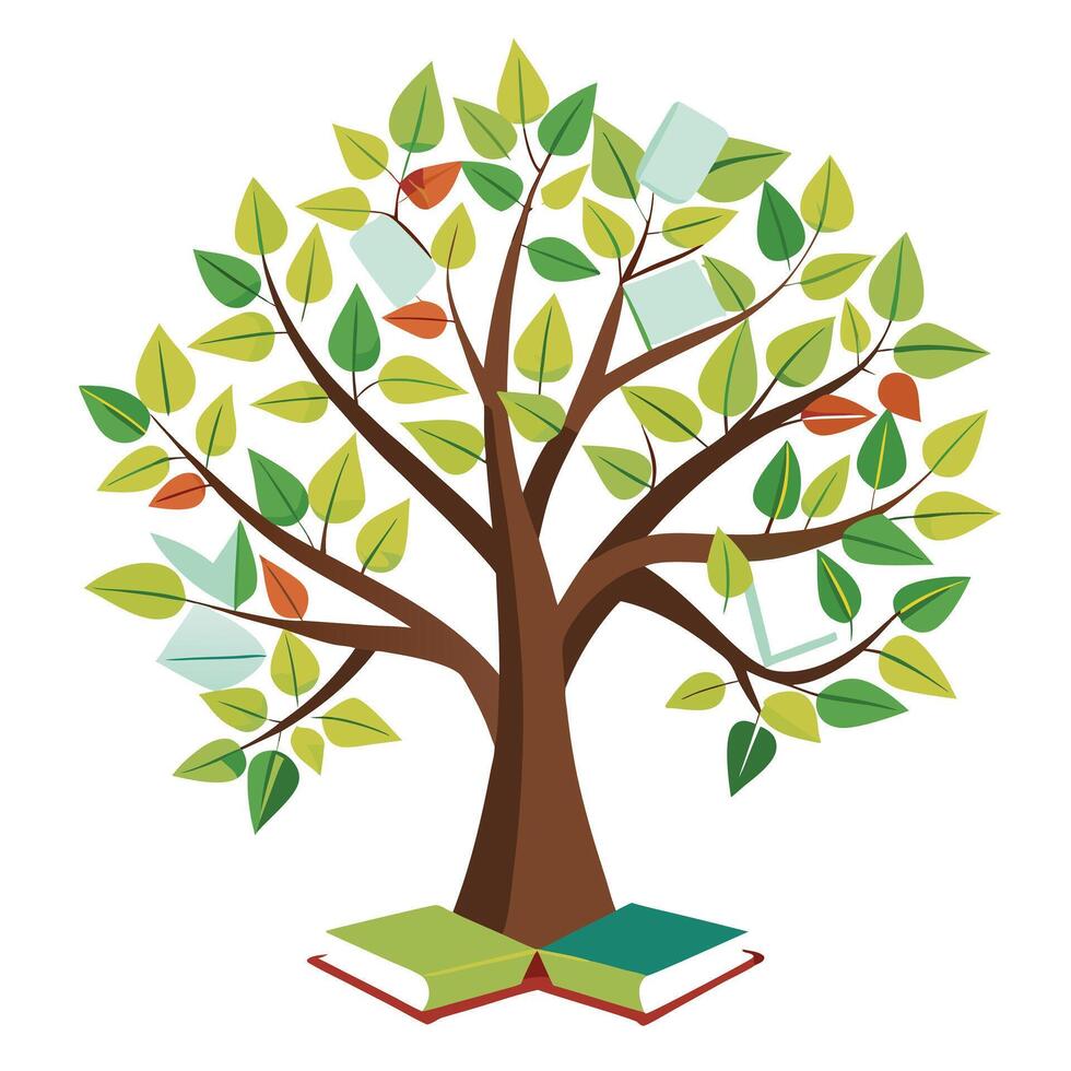 Watercolor Flat Tree with Soft Books as Leaves in a Natural Setting vector